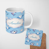 Personalized Custom Name Cute Dolphin Stingray Starfish Cartoon Sea Life Pattern Blue Lovely 11oz Ceramic Coffee Tea Mug White Large Handle