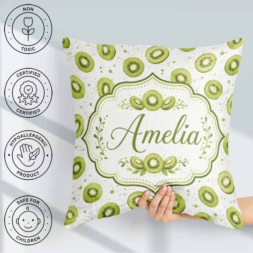 Custom Name Watercolor Kiwi Slice Scatter Fruit Pattern on White Square Filled Cushion Throw Pillow Sofa Bed Home Decor Zip Washable UK Made