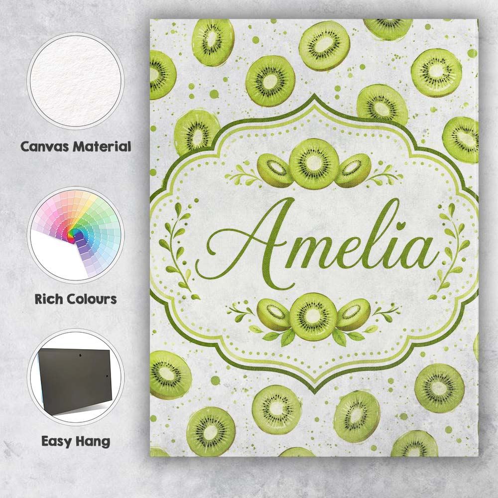 Personalised Name Watercolor Kiwi Slice Custom  Modern Room Accent Elegant Feature Canvas Wall Art Print Decor Picture Ready to Hang