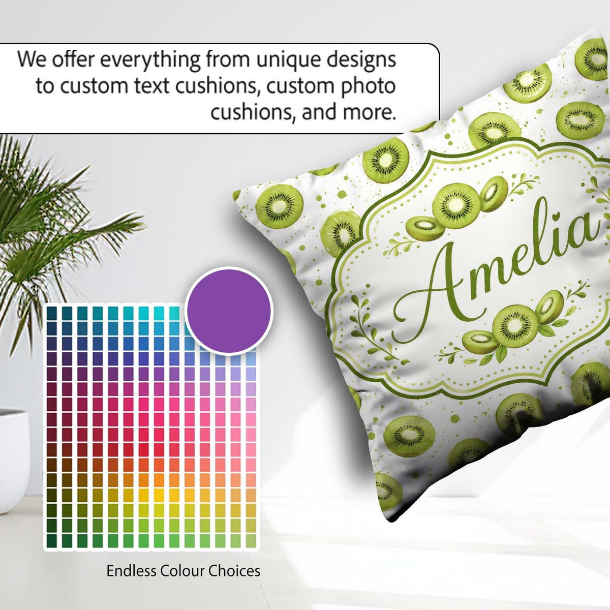 Custom Name Watercolor Kiwi Slice Scatter Fruit Pattern on White Square Filled Cushion Throw Pillow Sofa Bed Home Decor Zip Washable UK Made