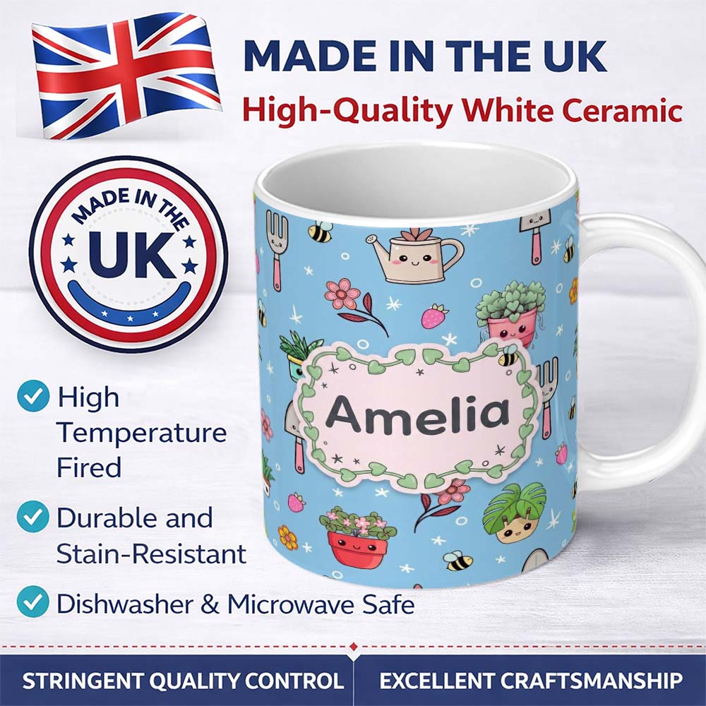 Personalized Custom Name Cute Kawaii Garden Tools Plants Bees Seamless Pattern Blue Floral 11oz Ceramic Coffee Tea Mug White Large Handle
