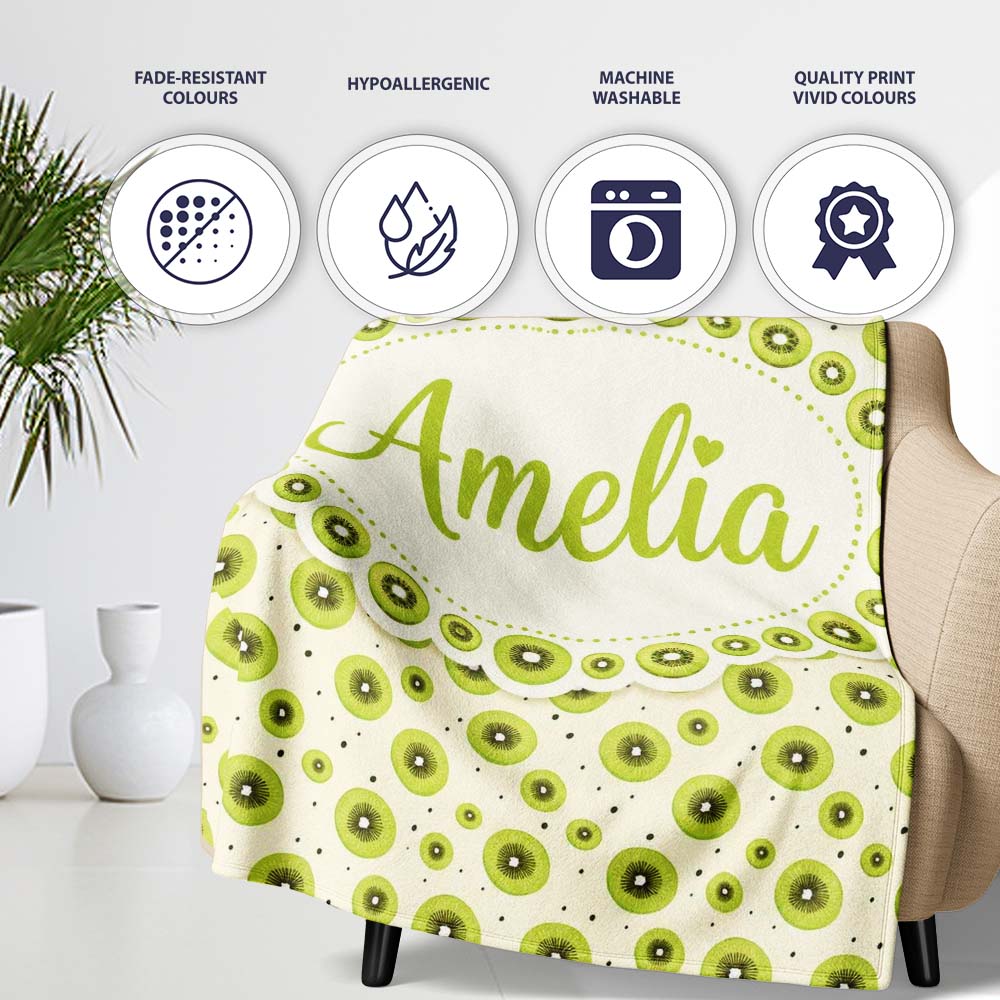 Minimal Kiwi Slice and Seed Scatter Seamless Pattern on Soft Beige  Personalised Custom Name Super Soft Fleece Blanket Bed Sofa Throw