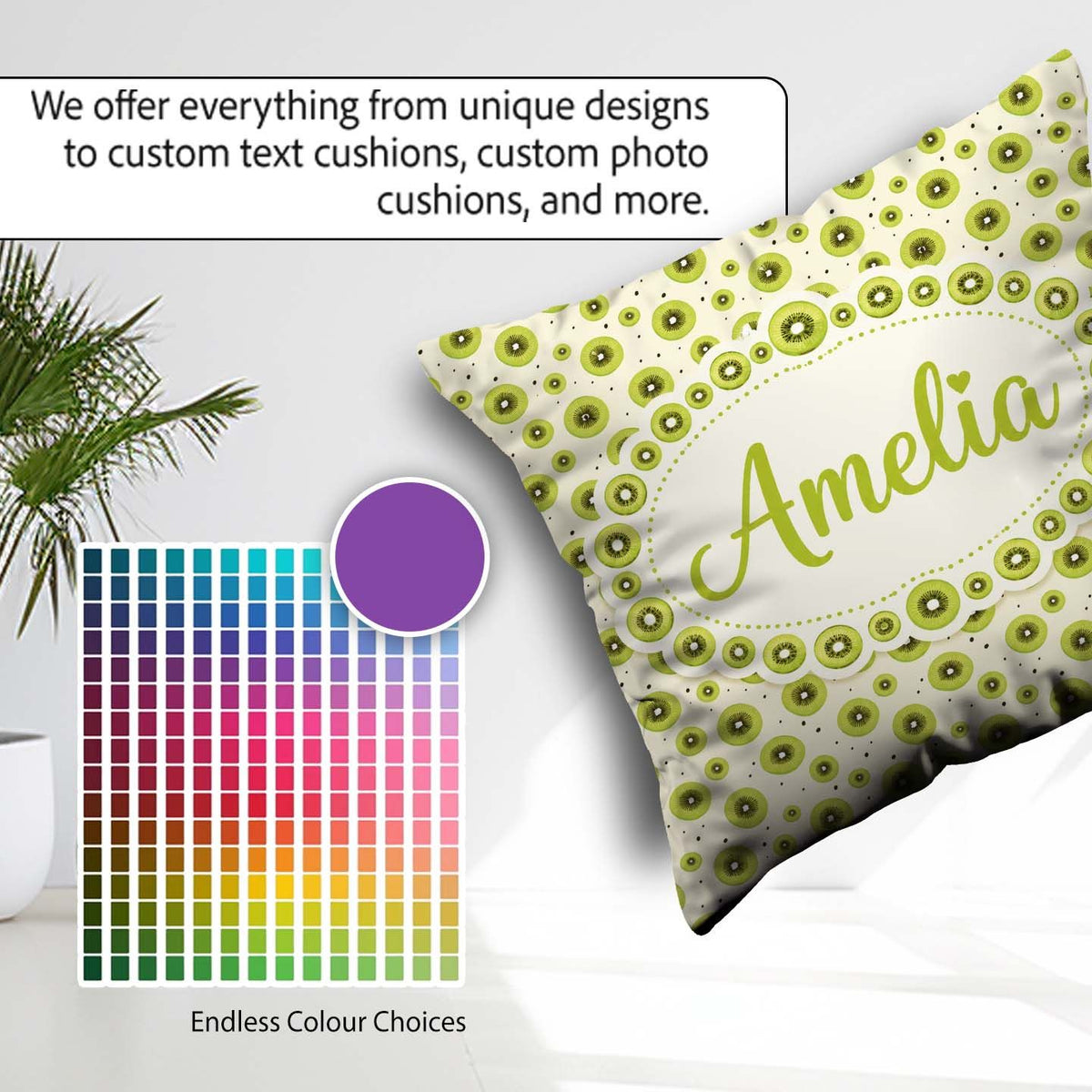 Custom Name Minimal Kiwi Slice and Seed Scatter Seamless on Soft Square Filled Cushion Throw Pillow Sofa Bed Home Decor Zip Washable UK Made