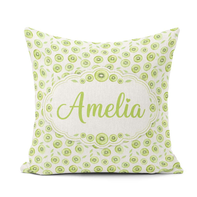 Custom Name Kiwi Slice and Leaf Botanical Seamless Pattern Light Square Filled Cushion Throw Pillow Sofa Bed Home Decor Zip Washable UK Made