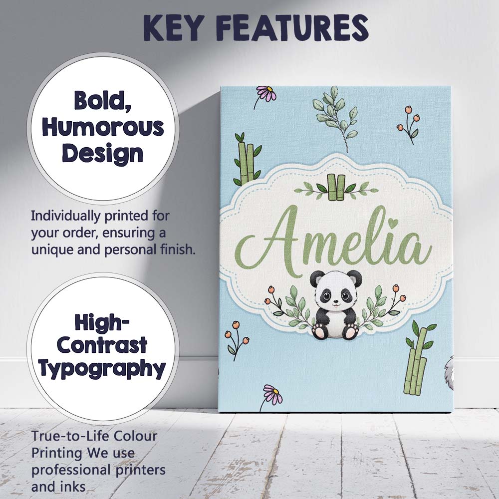 Personalised Name Cute Panda Bamboo and Custom  Modern Room Accent Elegant Feature Canvas Wall Art Print Decor Picture Ready to Hang