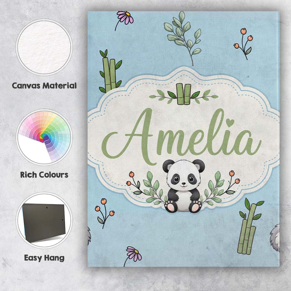 Personalised Name Cute Panda Bamboo and Custom  Modern Room Accent Elegant Feature Canvas Wall Art Print Decor Picture Ready to Hang
