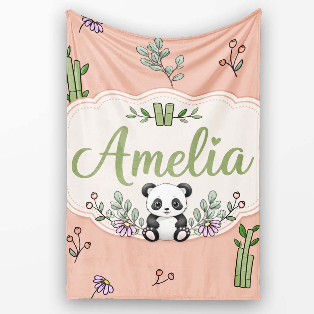 Cute Panda Bamboo and Floral Minimal Seamless Pattern on Peach  Personalised Custom Name Super Soft Fleece Blanket Bed Sofa Throw