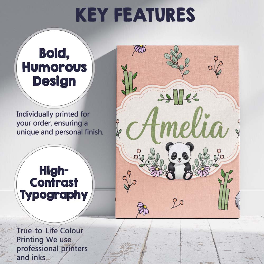Personalised Name Cute Panda Bamboo and Custom  Modern Room Accent Elegant Feature Canvas Wall Art Print Decor Picture Ready to Hang