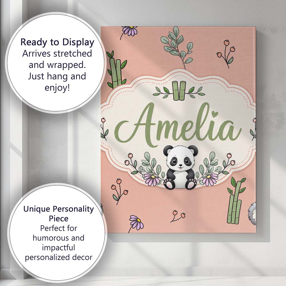 Personalised Name Cute Panda Bamboo and Custom  Modern Room Accent Elegant Feature Canvas Wall Art Print Decor Picture Ready to Hang