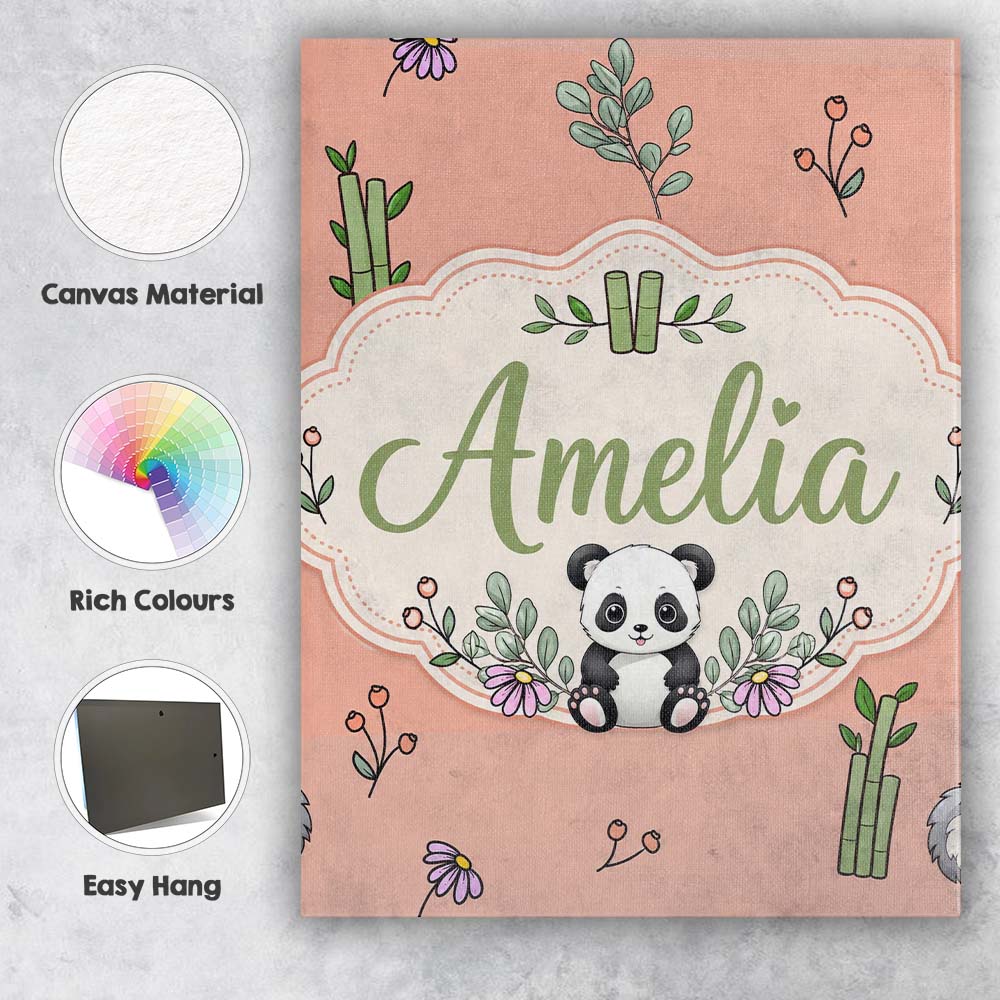 Personalised Name Cute Panda Bamboo and Custom  Modern Room Accent Elegant Feature Canvas Wall Art Print Decor Picture Ready to Hang