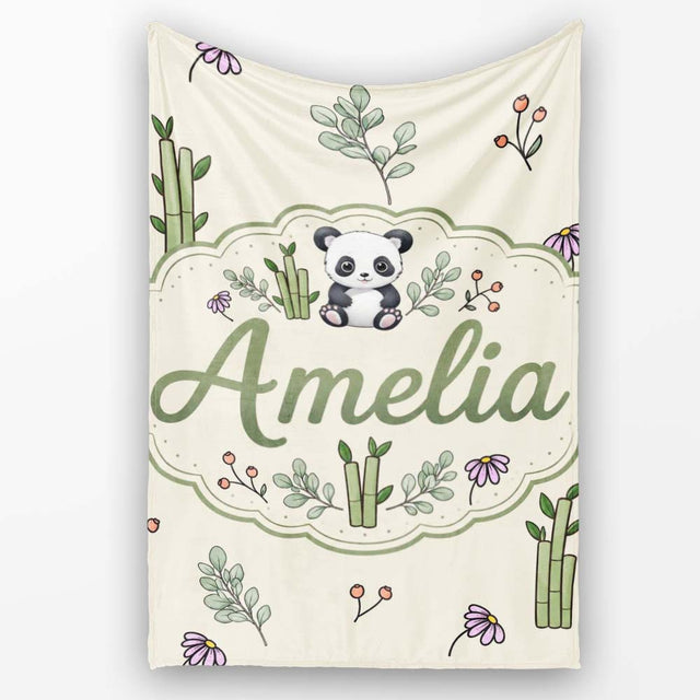 Panda Bamboo and Floral Minimal on Neutral Beige Background Lovely  Personalised Custom Name Super Soft Fleece Blanket Bed Sofa Throw