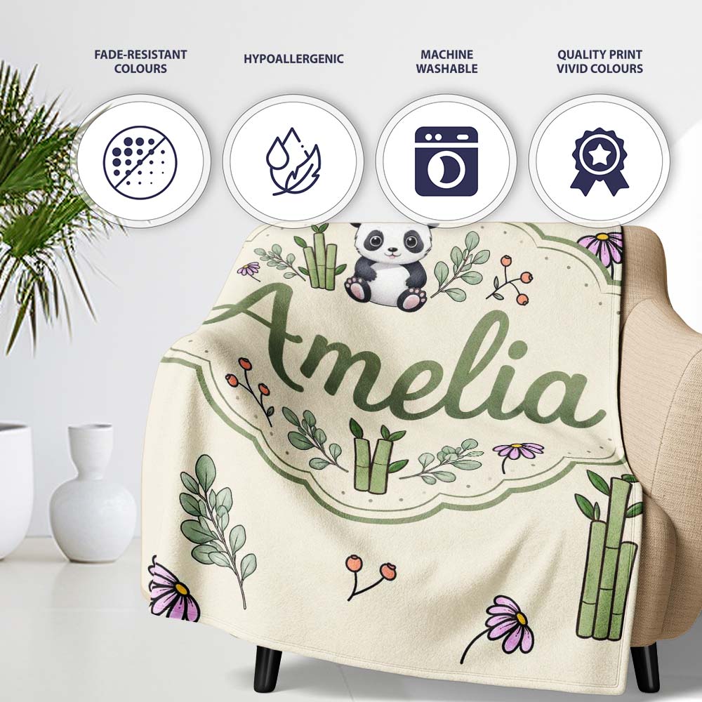 Panda Bamboo and Floral Minimal on Neutral Beige Background Lovely  Personalised Custom Name Super Soft Fleece Blanket Bed Sofa Throw