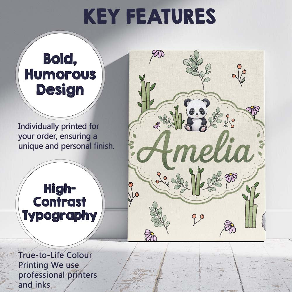 Personalised Name Panda Bamboo and Floral Custom  Unique Gift Idea Elegant Feature Canvas Wall Art Print Decor Picture Ready to Hang