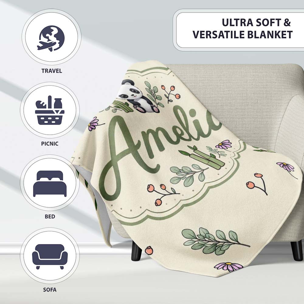 Panda Bamboo and Floral Minimal on Neutral Beige Background Lovely  Personalised Custom Name Super Soft Fleece Blanket Bed Sofa Throw