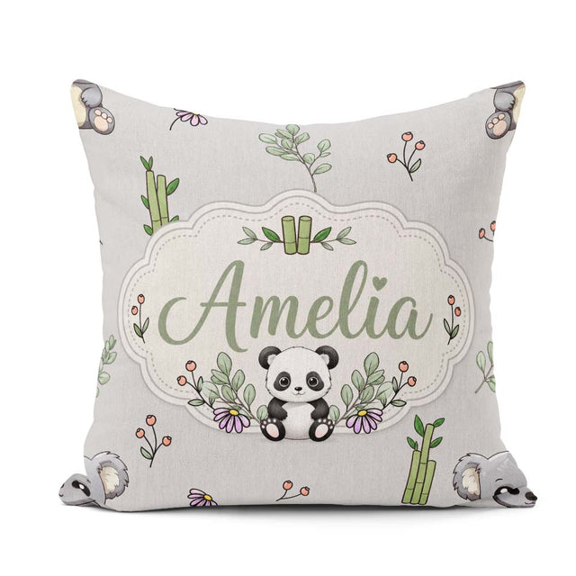 Custom Name Cute Panda Bamboo and Floral Minimal Pattern on Grey Square Filled Cushion Throw Pillow Sofa Bed Home Decor Zip Washable UK Made