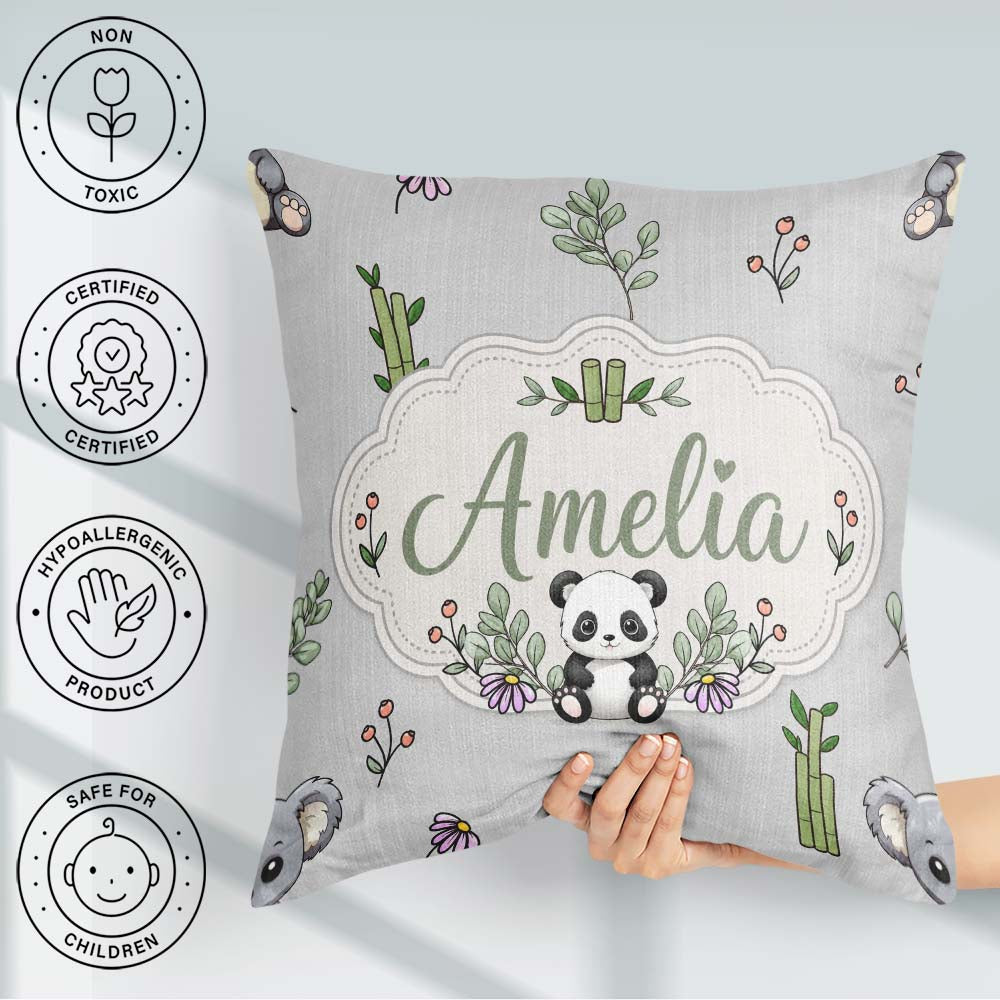 Custom Name Cute Panda Bamboo and Floral Minimal Pattern on Grey Square Filled Cushion Throw Pillow Sofa Bed Home Decor Zip Washable UK Made