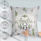 Custom Name Cute Panda Bamboo and Floral Minimal Pattern on Grey Square Filled Cushion Throw Pillow Sofa Bed Home Decor Zip Washable UK Made