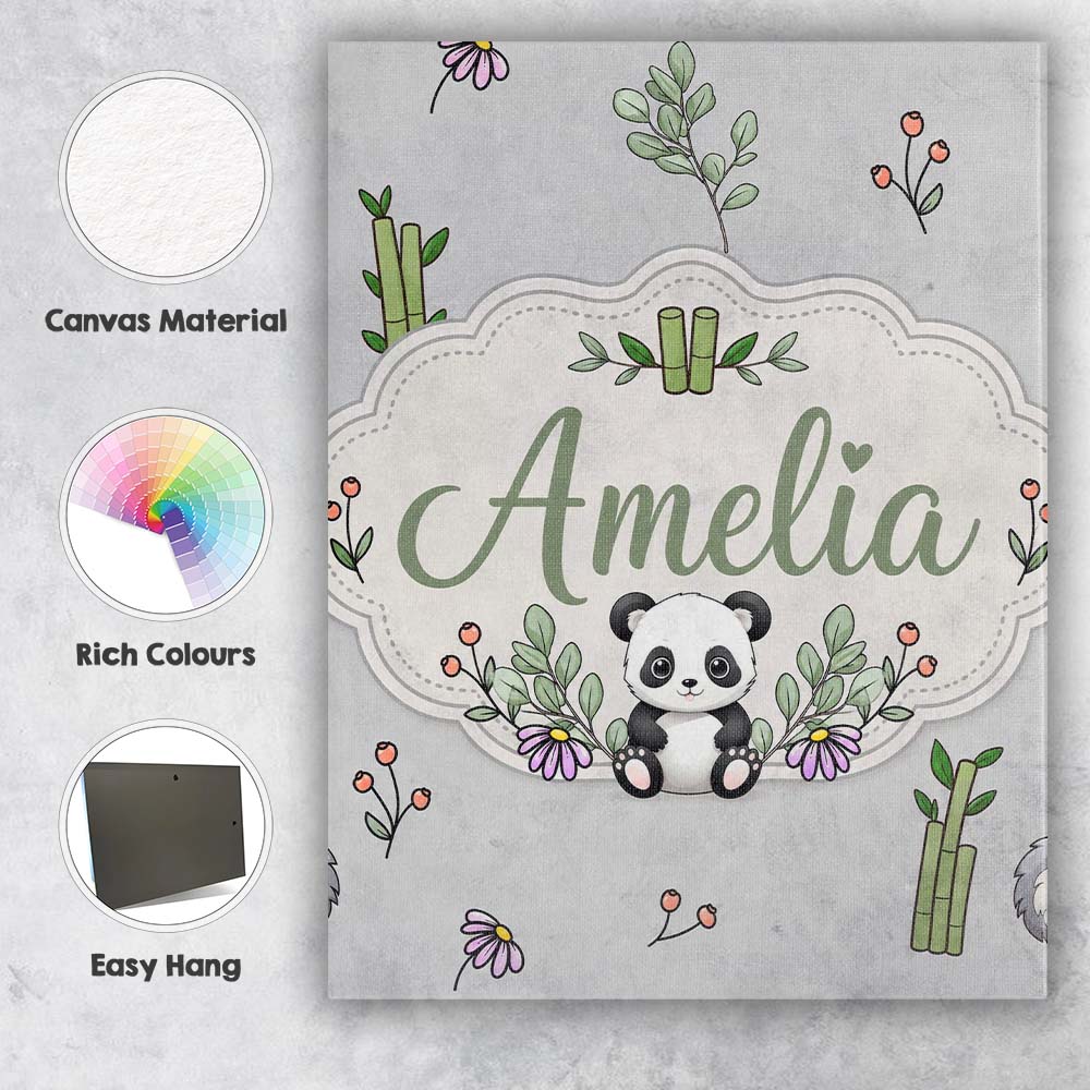 Personalised Name Cute Panda Bamboo and Custom  Modern Room Accent Elegant Feature Canvas Wall Art Print Decor Picture Ready to Hang