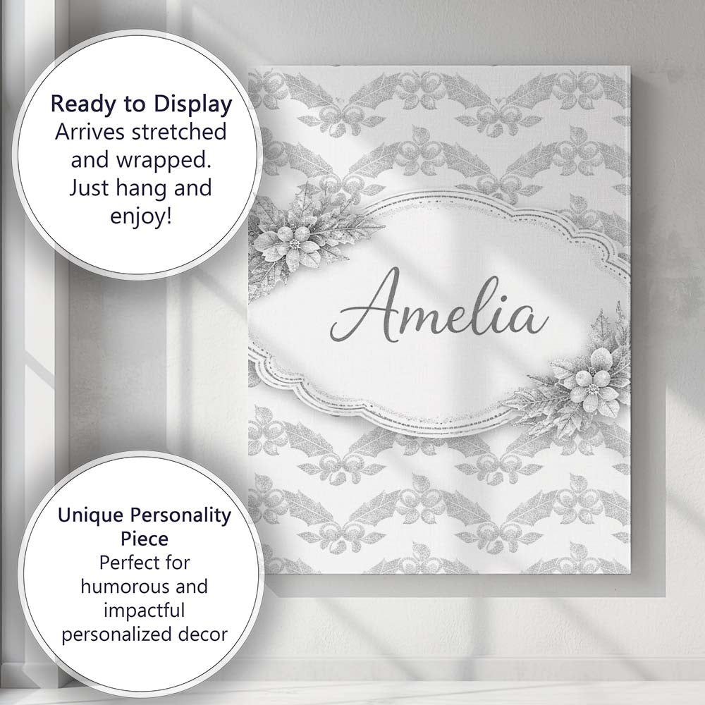 Personalised Name Grey Ornamental Geometric Lace Pattern Elegant Custom  Interior Canvas Wall Art Print Decor Picture Ready to Hang