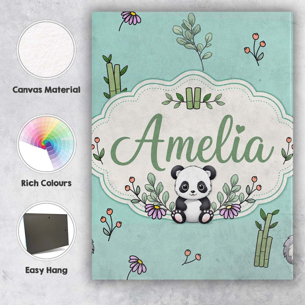 Personalised Name Cute Panda Bamboo and Custom  Modern Room Accent Elegant Feature Canvas Wall Art Print Decor Picture Ready to Hang