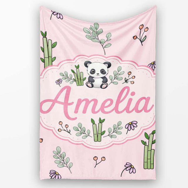 Cute Panda Bamboo and Floral Minimal Seamless Pattern on Soft Pink  Personalised Custom Name Super Soft Fleece Blanket Bed Sofa Throw