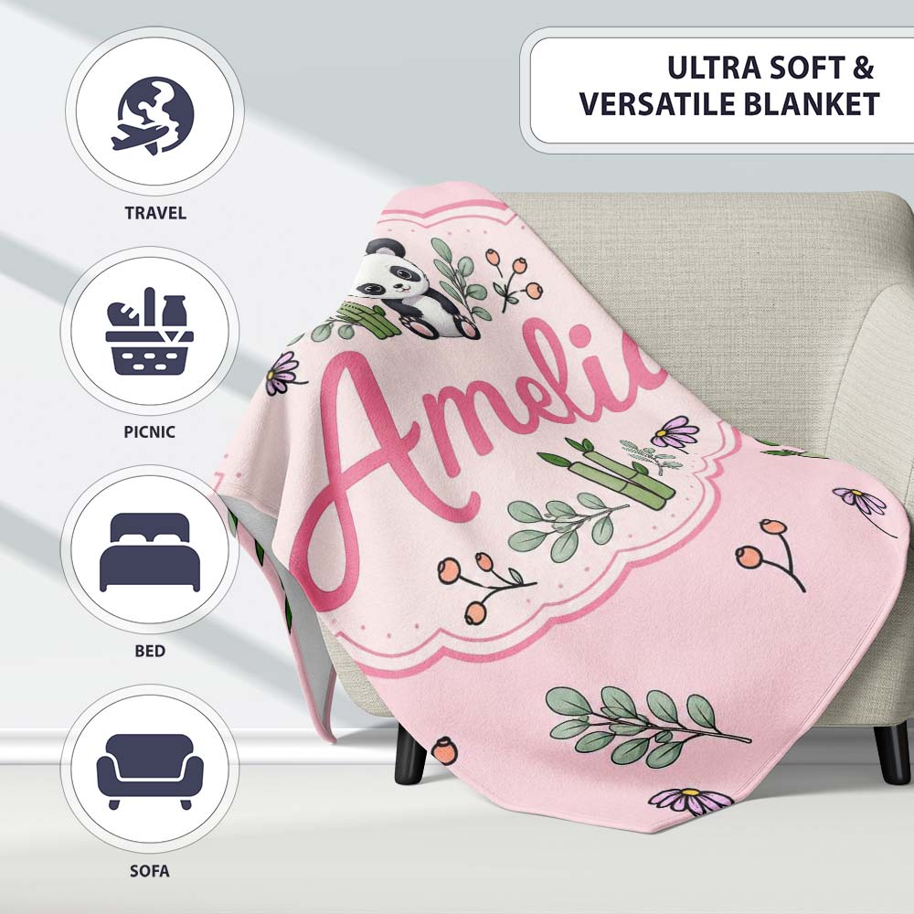 Cute Panda Bamboo and Floral Minimal Seamless Pattern on Soft Pink  Personalised Custom Name Super Soft Fleece Blanket Bed Sofa Throw