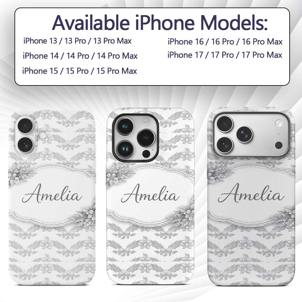 Grey Ornamental Geometric Lace Pattern Elegant Custom Name Protective Phone Case Mobile Cover Durable Everyday Smartphone Shock Resistant