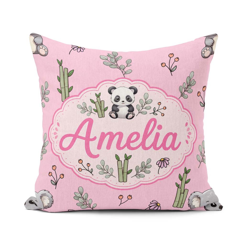 Custom Name Cute Panda Bamboo and Floral Minimal Pattern on Pink Square Filled Cushion Throw Pillow Sofa Bed Home Decor Zip Washable UK Made