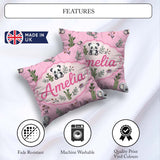Custom Name Cute Panda Bamboo and Floral Minimal Pattern on Pink Square Filled Cushion Throw Pillow Sofa Bed Home Decor Zip Washable UK Made