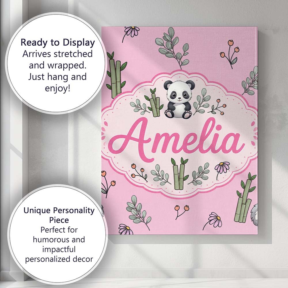 Personalised Name Cute Panda Bamboo and Custom  Modern Room Accent Elegant Feature Canvas Wall Art Print Decor Picture Ready to Hang
