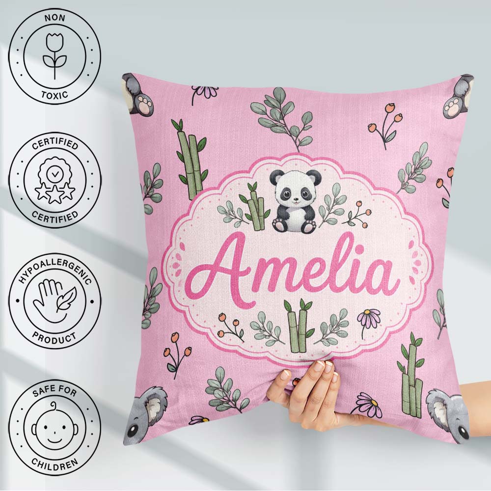 Custom Name Cute Panda Bamboo and Floral Minimal Pattern on Pink Square Filled Cushion Throw Pillow Sofa Bed Home Decor Zip Washable UK Made