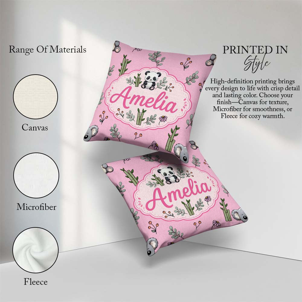 Custom Name Cute Panda Bamboo and Floral Minimal Pattern on Pink Square Filled Cushion Throw Pillow Sofa Bed Home Decor Zip Washable UK Made