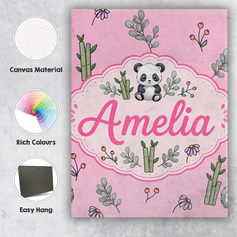 Personalised Name Cute Panda Bamboo and Custom  Modern Room Accent Elegant Feature Canvas Wall Art Print Decor Picture Ready to Hang