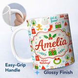 Personalized Custom Name Winter Holidays Snowman Gift Bag Gingerbread Seamless Pattern Lovely 11oz Ceramic Coffee Tea Mug White Large Handle