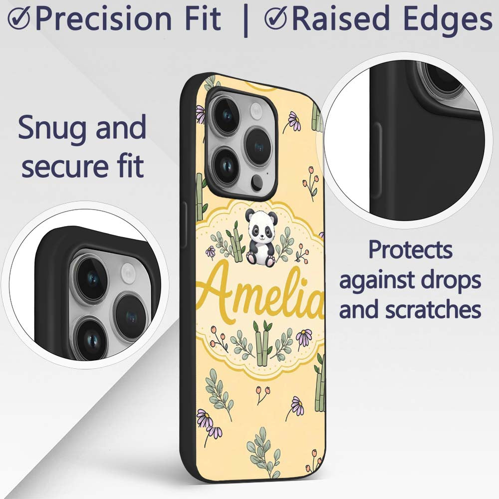 Cute Panda Bamboo and Floral Minimal Seamless Custom Name Protective Phone Case Mobile Cover Durable Everyday Smartphone Shock Resistant