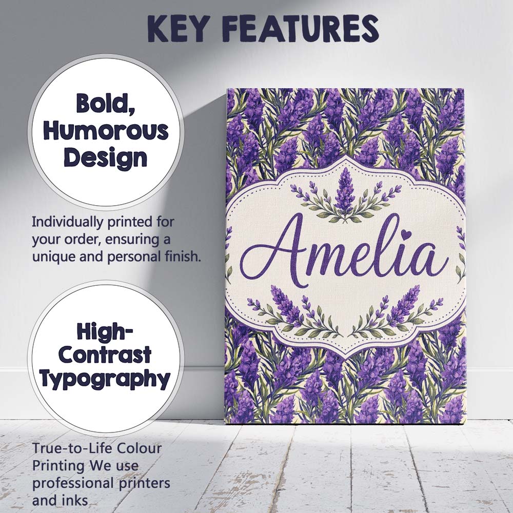 Personalised Name Bold Purple Lavender Custom  Modern Room Accent Elegant Feature Canvas Wall Art Print Decor Picture Ready to Hang