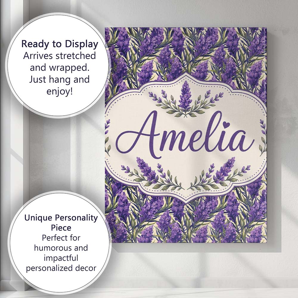 Personalised Name Bold Purple Lavender Custom  Modern Room Accent Elegant Feature Canvas Wall Art Print Decor Picture Ready to Hang