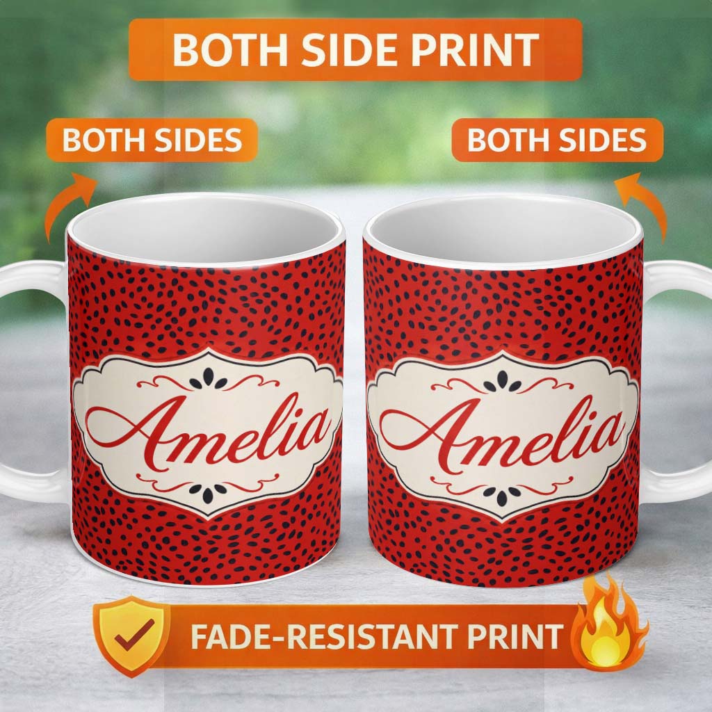 Personalized Custom Name Red Black Seed Scatter Bold Seamless Pattern Cute Unique Gift Lovely 11oz Ceramic Coffee Tea Mug White Large Handle