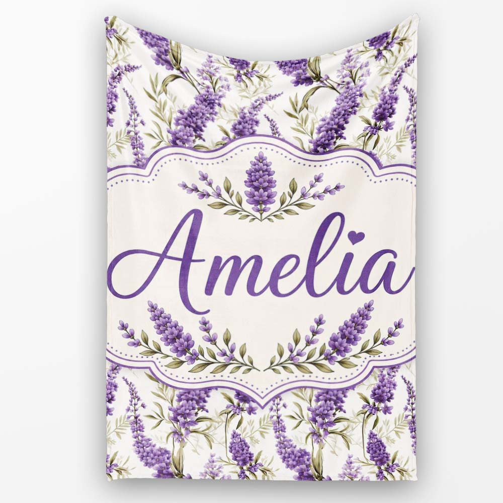 Elegant Lavender Sprigs Botanical Repeat on Soft Neutral Background  Personalised Custom Name Super Soft Fleece Blanket Bed Sofa Throw