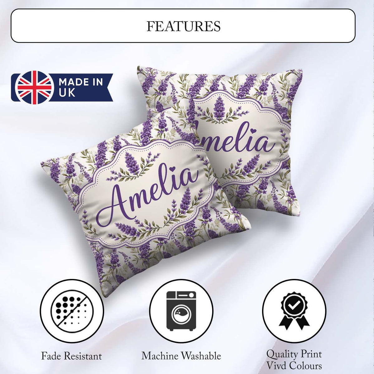 Custom Name Elegant Lavender Sprigs Botanical on Soft Background Square Filled Cushion Throw Pillow Sofa Bed Home Decor Zip Washable UK Made