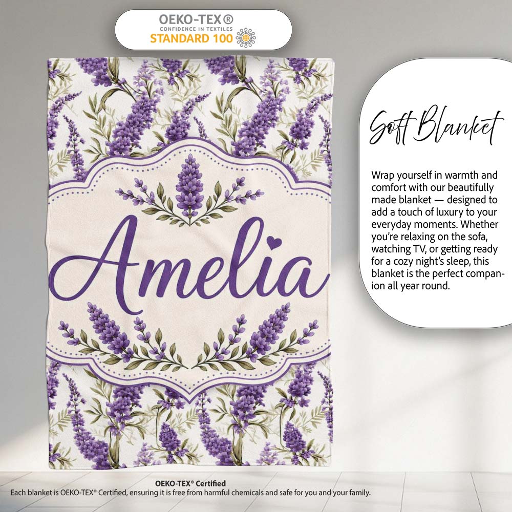 Elegant Lavender Sprigs Botanical Repeat on Soft Neutral Background  Personalised Custom Name Super Soft Fleece Blanket Bed Sofa Throw