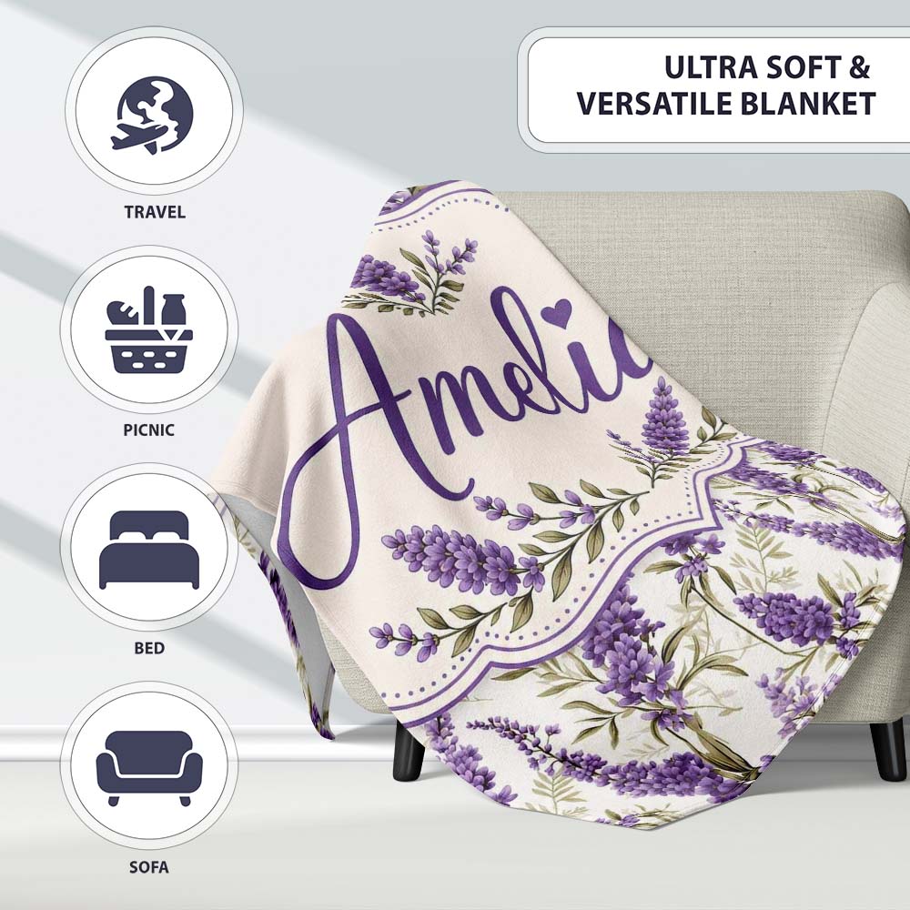 Elegant Lavender Sprigs Botanical Repeat on Soft Neutral Background  Personalised Custom Name Super Soft Fleece Blanket Bed Sofa Throw