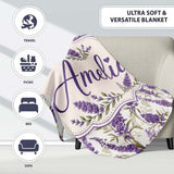 Elegant Lavender Sprigs Botanical Repeat on Soft Neutral Background  Personalised Custom Name Super Soft Fleece Blanket Bed Sofa Throw