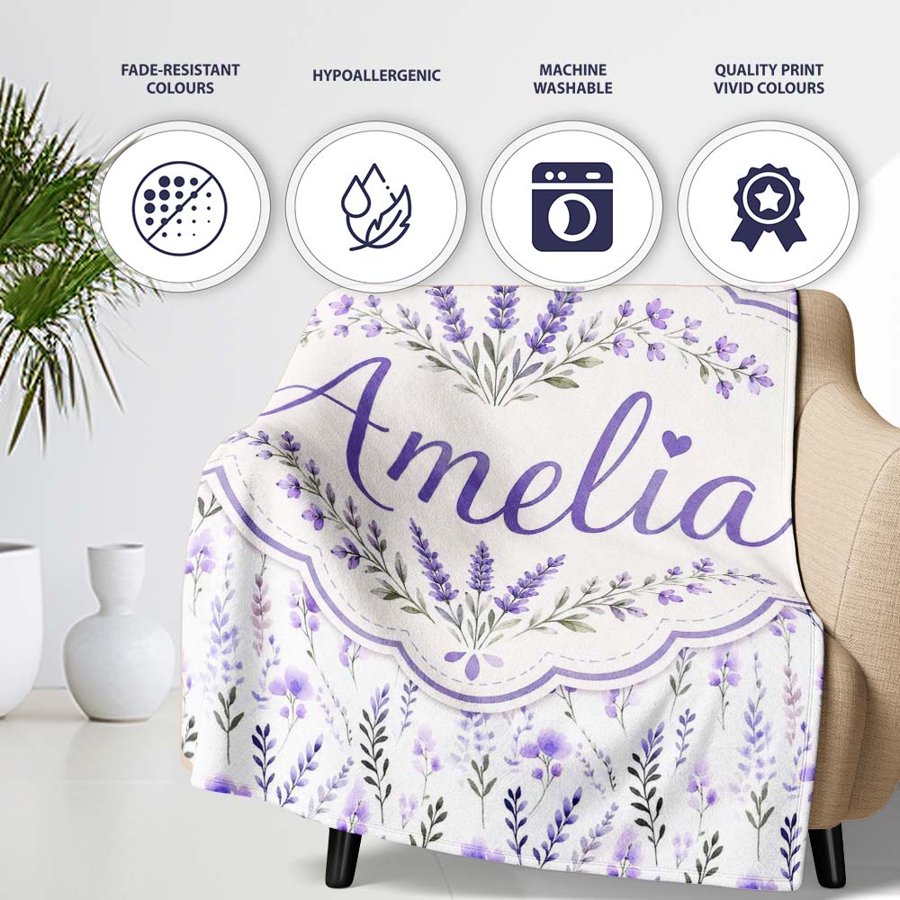 Soft Watercolour Lavender Flowers and Foliage Seamless Design Lovely  Personalised Custom Name Super Soft Fleece Blanket Bed Sofa Throw