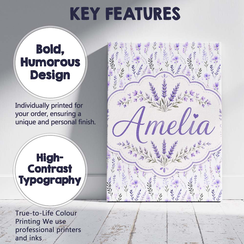 Personalised Name Soft Watercolour Lavender Custom  Bespoke Interior Contemporary Canvas Wall Art Print Decor Picture Ready to Hang