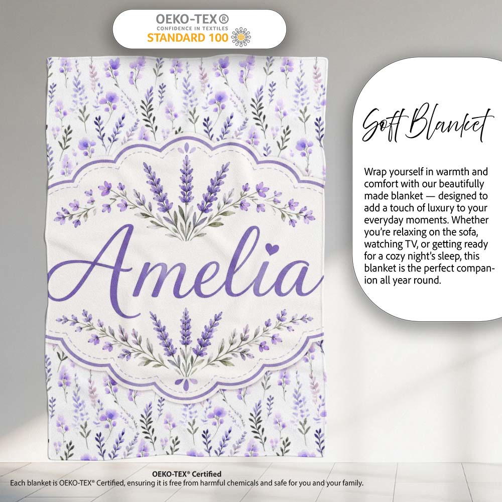 Soft Watercolour Lavender Flowers and Foliage Seamless Design Lovely  Personalised Custom Name Super Soft Fleece Blanket Bed Sofa Throw