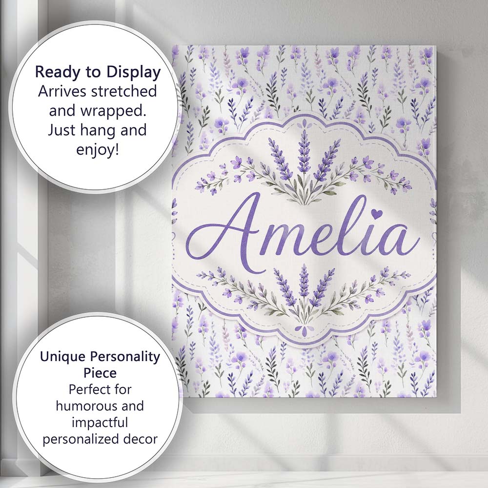 Personalised Name Soft Watercolour Lavender Custom  Bespoke Interior Contemporary Canvas Wall Art Print Decor Picture Ready to Hang