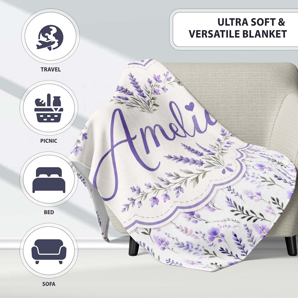 Soft Watercolour Lavender Flowers and Foliage Seamless Design Lovely  Personalised Custom Name Super Soft Fleece Blanket Bed Sofa Throw