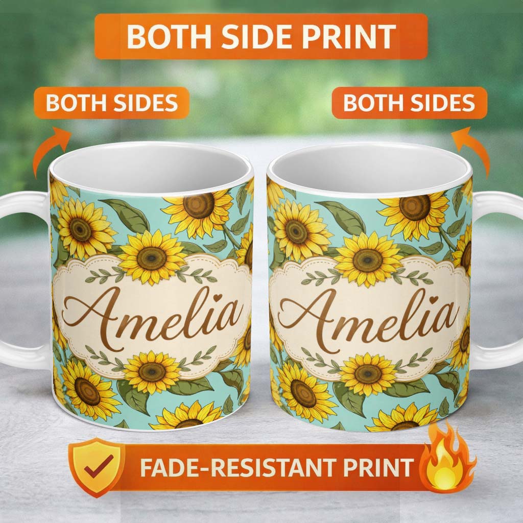 Personalized Custom Name Bright Yellow Sunflower Green Background Seamless Pattern Custom 11oz Ceramic Coffee Tea Mug White Large Handle