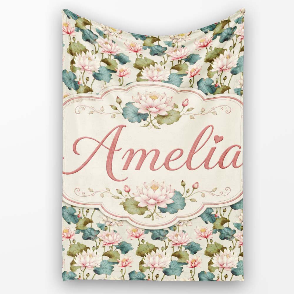 Classic Lotus Flower Pattern with Soft Pink Blooms and Green Leaves  Personalised Custom Name Super Soft Fleece Blanket Bed Sofa Throw